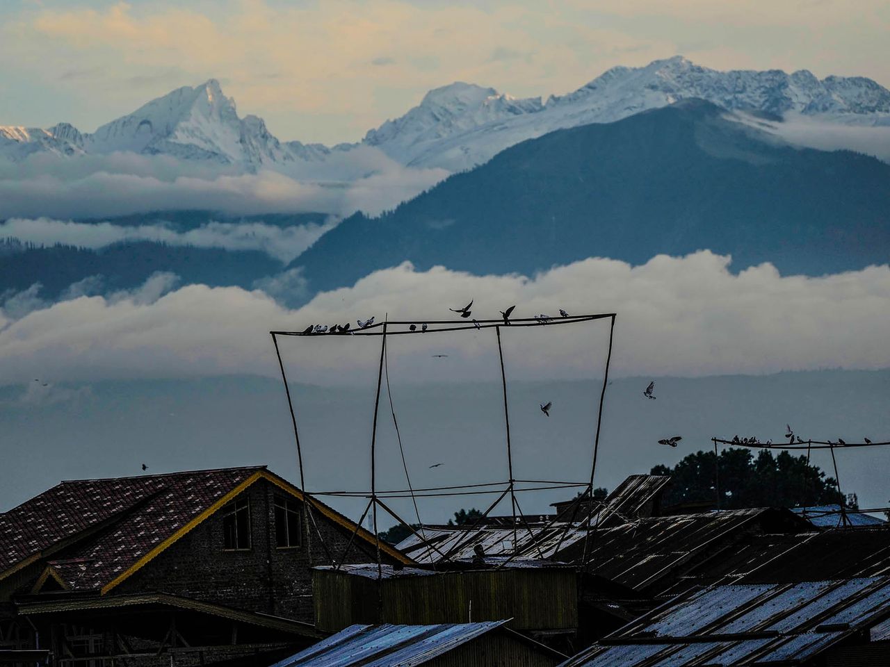 A Kashmiri kabooter baz, or pigeon handler, keeps an eye on his pigeons as snow covered mountains are seen behind the roof of his house in Srinagar, Indian controlled Kashmir, Saturday, June 18, 2022. This project documents ongoing unrest in the long-disputed region of Kashmir, dating back to 1947, when India and Pakistan gained independence from Britain. Both nations claim Kashmir in its entirety, and each administers a portion of the region. In Indian-administered Kashmir, rebels have been fighting Indian rule for decades, seeking to unite the territory, either under Pakistani rule or as an independent country. India says that Pakistan supports armed insurgency in Kashmir. Pakistan denies the charge, saying it provides moral and diplomatic support only. (AP